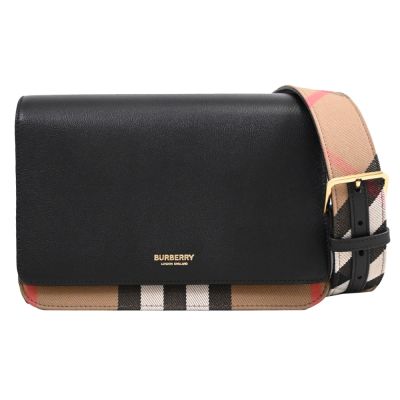 BURBERRY Mackford 英式格紋帆布拼接牛皮寬背帶翻蓋式斜背包(黑/卡其)