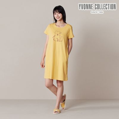 YVONNE 以旺傢飾 DINOTAENG｜QUOKKA & BOBO 網印短袖洋裝-盛夏黃