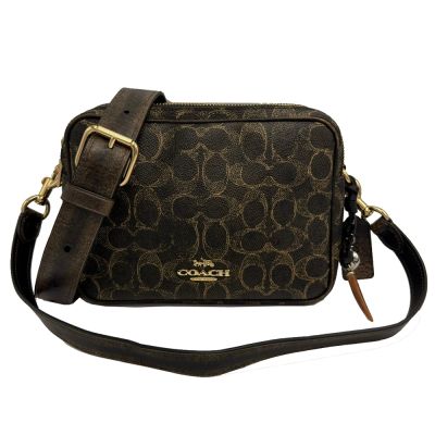 COACH 新款C LOGO女款雙層斜背相機包(深咖/金)