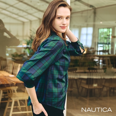Nautica女裝 格紋V領小花鑽釦長袖上衣-藍綠色