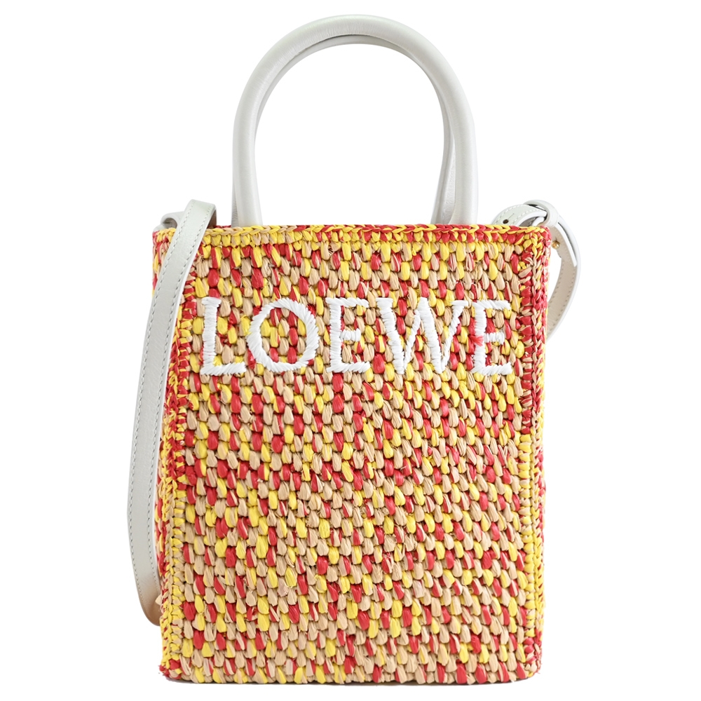 LOEWE 羅威 Standard A5 經典LOGO裝飾草編手提斜背兩用包/紙袋包(白邊)