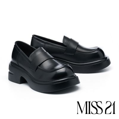厚底鞋 MISS 21 復古學院風仿舊擦色樂福大頭厚底鞋-黑