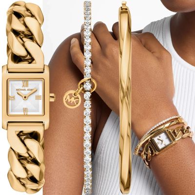 Michael Kors MK Micro Georgie 古典方型手鍊手鐲套錶 女錶 周年慶獻禮 送禮推薦-白x金/19mm MK7655SET