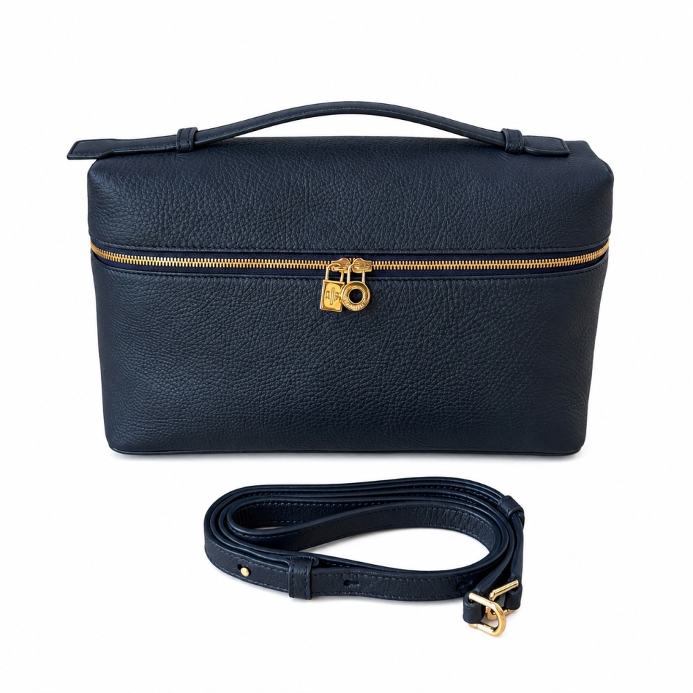 Loro Piana Extra Pocket L27 手提飯盒包(深藍色/金扣/附背帶)