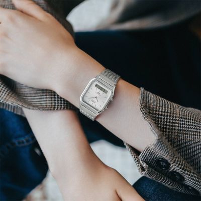 CASIO卡西歐 VINTAGE 復古 雙顯系列 亮眼銀白 精緻網格錶帶 AQ-230EM-7A_29.8mm