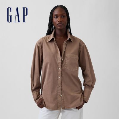 【GAP】有機棉府綢寬版襯衫-琥珀木棕/淺藍條紋(755814)