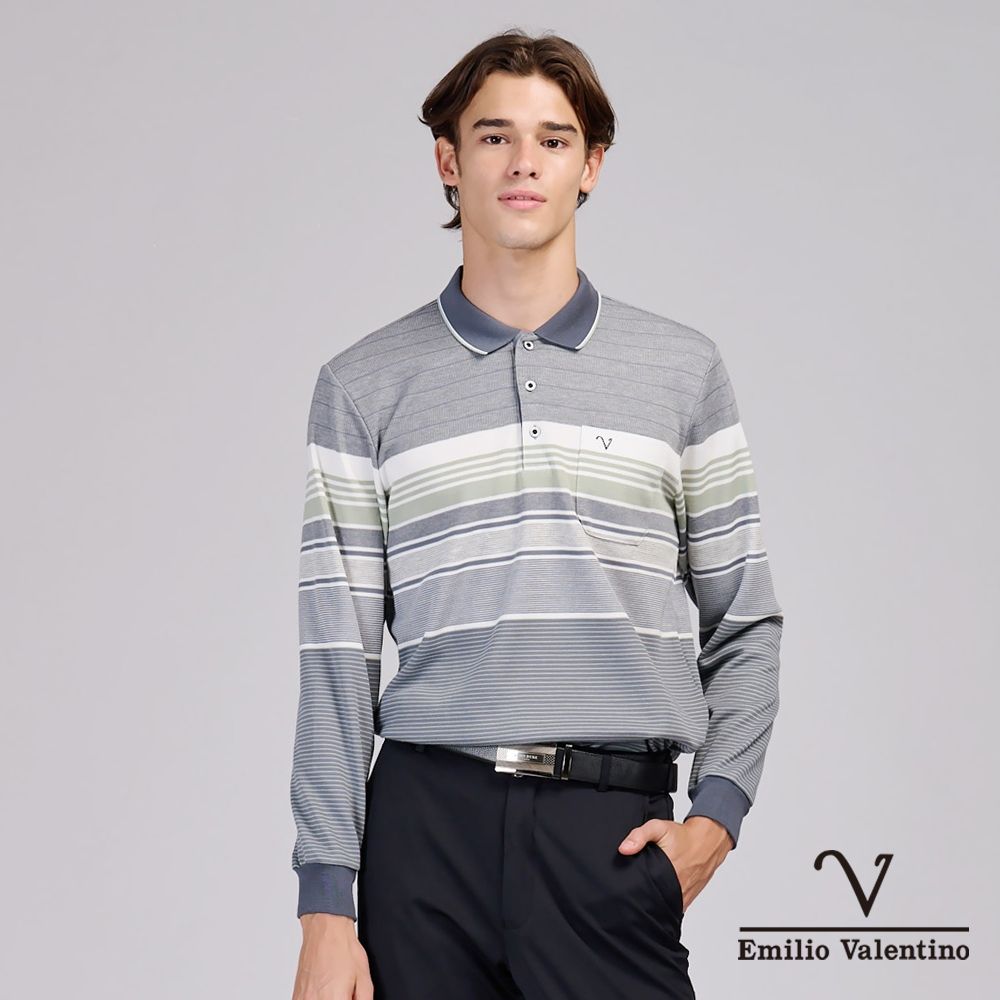 Emilio Valentino范倫鐵諾 男 長袖POLO衫 保暖蓄熱 精梳棉 磨毛 胸前口袋 POLO衫 上衣 灰/白/綠(15-6V0965)