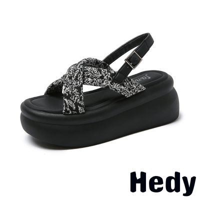 HEDY 厚底涼鞋/復古變形蟲圖騰交叉布面鬆糕厚底涼鞋 黑