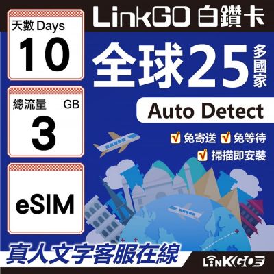 LINKGO白鑽卡 全球25國 eSIM卡 10天上網絡卡 總流量3GB(全球網絡卡 亞洲 歐洲 美洲 大洋洲 非洲)