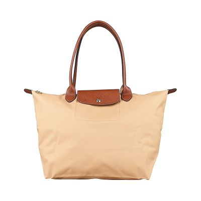 LONGCHAMP Le Pliage烙印小馬LOGO再生尼龍搭牛皮拉鍊肩背包(麋鹿x駝/L)