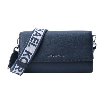 MICHAEL KORS 寬織帶暗釦皮革斜背WOC包(海軍藍)