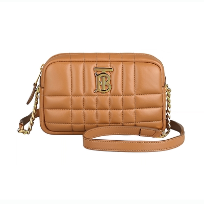 BURBERRY 巴寶莉 Lola立體金字LOGO絎縫格紋設計小羊皮拉鍊斜背相機包(迷你/楓糖棕)