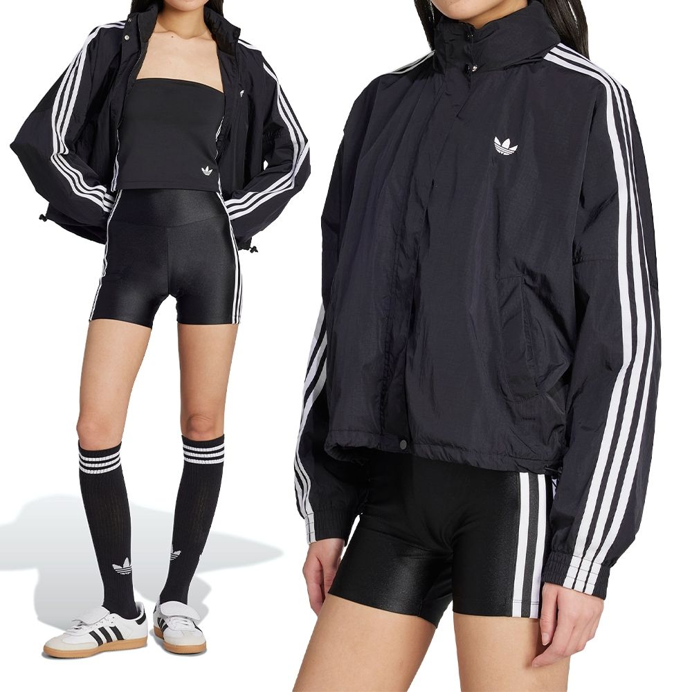 Adidas 3S Windbreaker 女款黑色立領防風抽繩運動休閒風衣外套JX1451