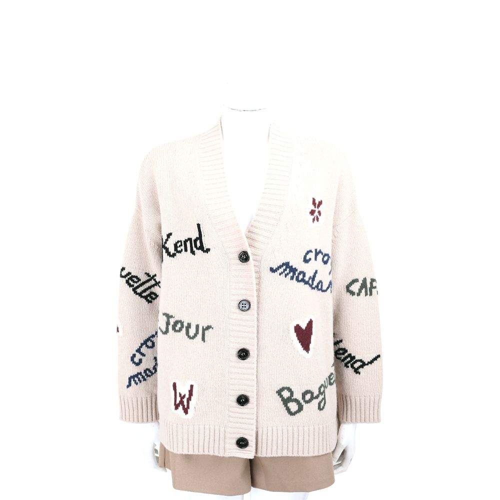 Max Mara-WEEKEND BELGIO 字母愛心圖樣卡其色純羊毛針織衫 開襟外套