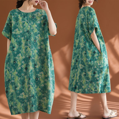 AKARA 日系藝文綿麻活綠連身短袖洋裝 (涼感 棉麻 中大尺碼 短袖)