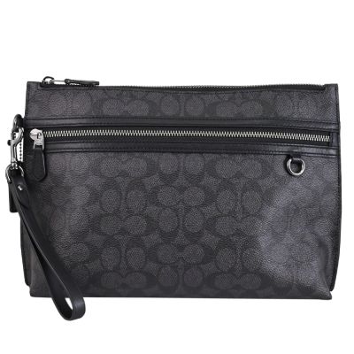 COACH 滿版印花LOGO塗層帆布萬用手拿包(黑灰)