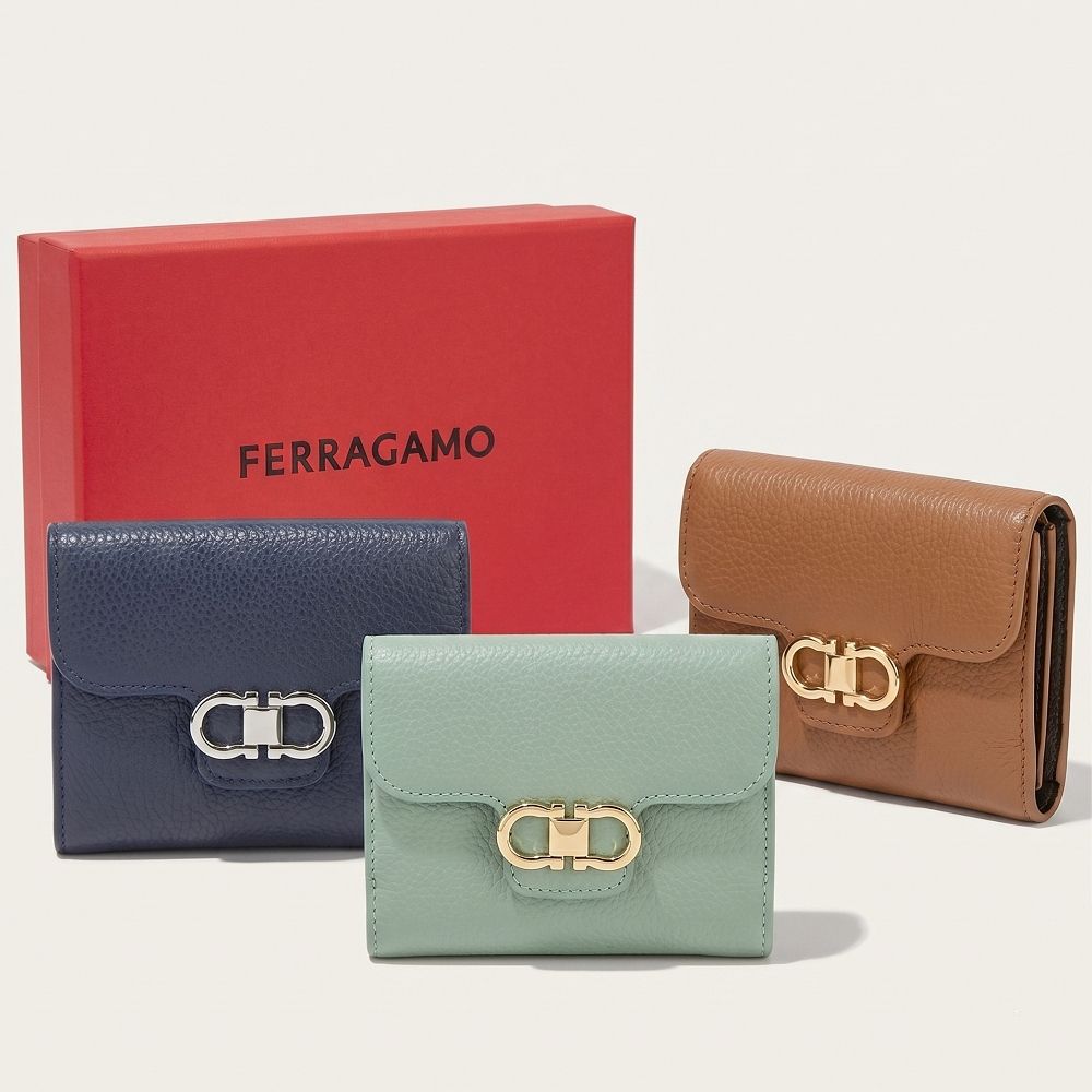 Salvatore Ferragamo Gancini 多夾層 荔紋牛皮金馬蹄釦式短夾-多色可選