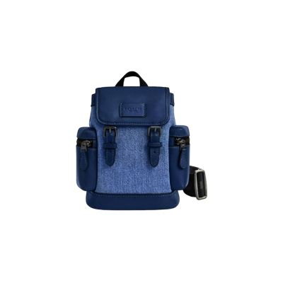 COACH SPRINT丹寧布拼接海軍藍素面皮革扣式翻蓋迷你後背/胸口包