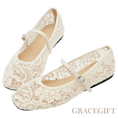 【Grace Gift】古典浪漫蕾絲繡花平底瑪莉珍芭蕾舞鞋 米白