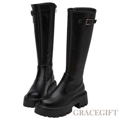 【Grace Gift】復古金屬扣輕量鬆糕厚底瘦瘦長靴 黑