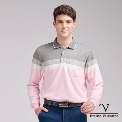 Emilio Valentino範倫鐵諾 男 保暖磨毛長袖POLO衫上衣 灰白粉(21-4V8894)