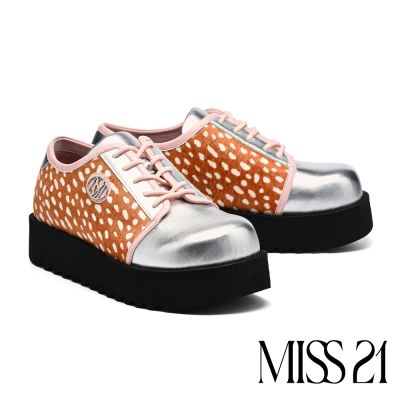 厚底鞋 MISS 21 甜酷傲嬌LOGO鹿紋馬毛拼接金屬羊皮綁帶大頭厚底鞋-咖