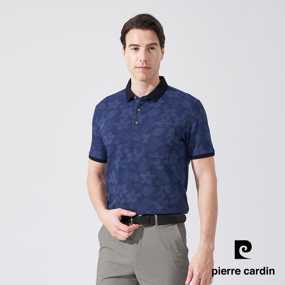 pierre cardin 皮爾卡登 男款 雙色網眼花朵印花短袖POLO衫-深藍色(5247256-38)