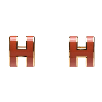 HERMES 經典Pop H立體簍空橢圓LOGO耳環(小 橘/金)