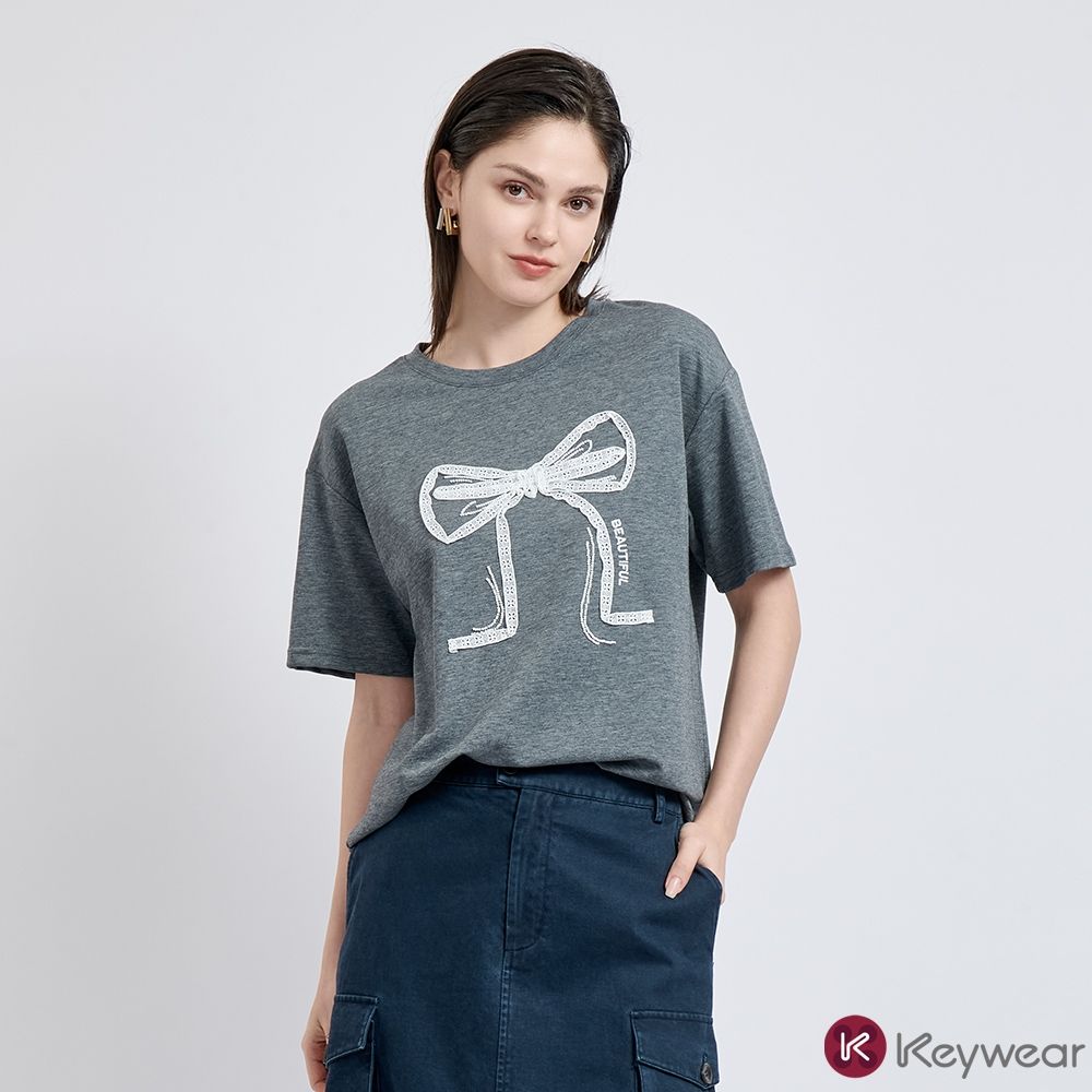 KeyWear奇威名品    甜美減齡蝴蝶結短袖上衣(共3色)-灰色