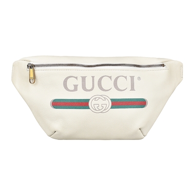 GUCCI 古馳 經典印花LOGO綠紅綠條紋設計牛皮拉鍊胸掛/腰包(展示品/米白)