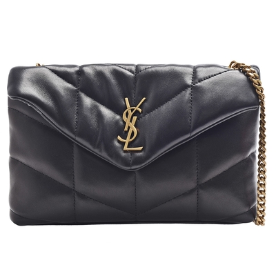 YSL Saint Laurent聖羅蘭 YSL PUFFER系列縫線小羊皮金色金屬LOGO金鍊斜背包(迷你-黑)