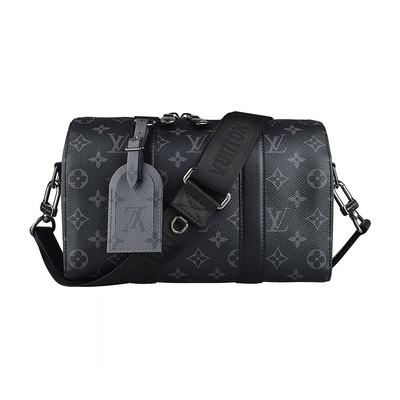 LOUIS VUITTON路易威登 LV M45936 CITY KEEPALL花紋LOGO拼色設計Monogram Eclipse帆布滾邊牛皮拉鍊斜背波士頓包(黑x灰)