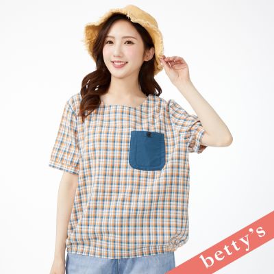 betty’s貝蒂思  復古格紋口袋下擺抽皺短袖上衣(淺藍)