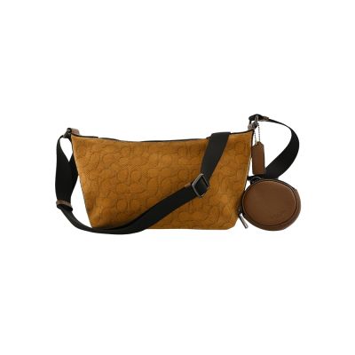 COACH 焦糖棕C LOGO麂皮後拉鍊袋水餃斜背男包(中款)