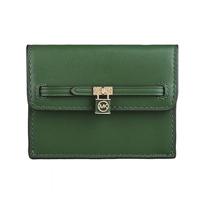 MK MICHAEL KORS Hamilton Legacy圓標字母LOGO鎖頭設計牛皮2卡釦式卡片零錢包(亞馬遜綠)
