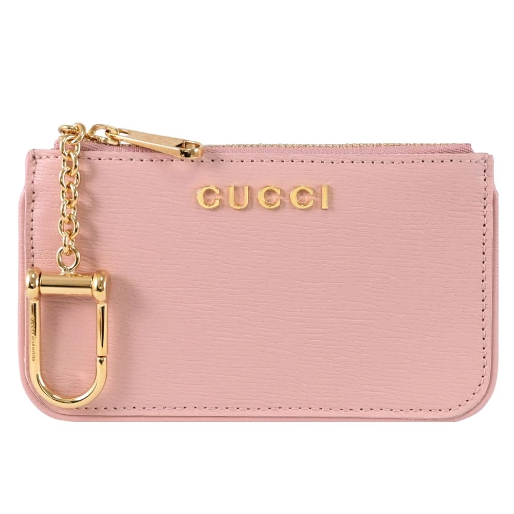 GUCCI Script  金屬LOGO鑰匙拉鍊零錢包(粉)