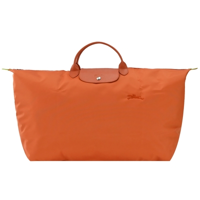 LONGCHAMP LE PLIAGE GREEN系列刺繡短把再生尼龍摺疊旅行袋(特大/胡蘿蔔橘)