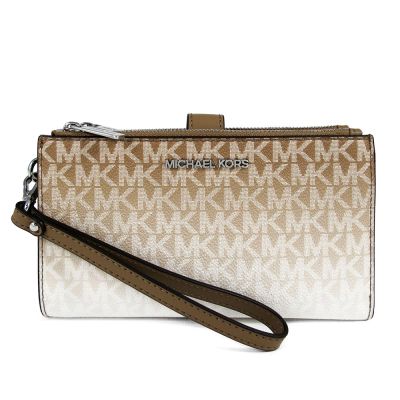 MICHAEL KORS Jet Set Travel 銀字Logo防刮漸層雙層拉鍊手提長夾(卡其咖)