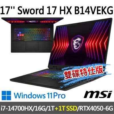 msi微星 Sword 17 HX B14VEKG-283TW 17吋電競筆電(i7-14700HX/16G/1T SSD+1T SSD/RTX4050-6G/W11P-雙碟特仕版)