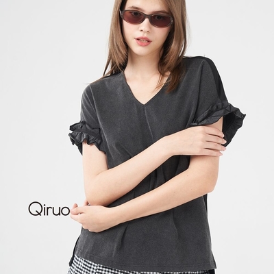 【Qiruo 奇若】秋冬專櫃灰黑短袖上衣2414A 袖子小荷葉設計