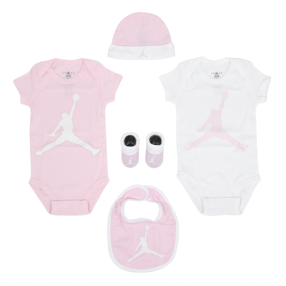 Nike 包屁衣 Jordan 小童 嬰兒 粉 白 純棉 短袖 小朋友 帽子 襪子 圍兜 五件組 禮盒 JD2433031NB-001