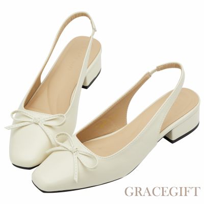 【Grace Gift】韓系清新蝴蝶結後空跟鞋 米白