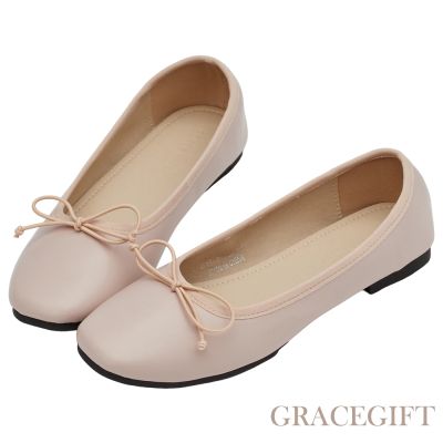 【Grace Gift】法式經典蝴蝶結芭蕾舞平底娃娃鞋 粉