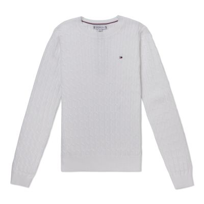 TOMMY 熱銷圓領Logo麻花針織毛衣(女)-白色