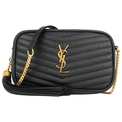 YSL Saint Laurent聖羅蘭 YSL V字縫線魚子醬牛皮金屬LOGO流蘇相機包(金x黑)