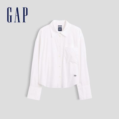 【GAP】有機棉府綢寬鬆短版襯衫-白色(910042)