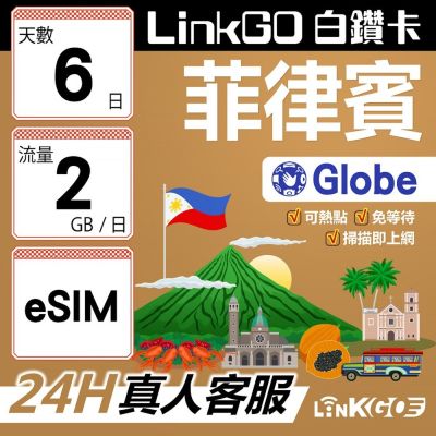 LINKGO白鑽卡 菲律賓 eSIM卡 Globe電信 6天上網絡卡 每日2GB 高速流量(菲律賓網絡卡 宿霧 巴拉望 馬尼拉)