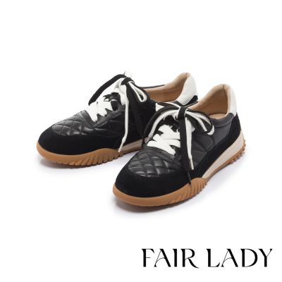 FAIR LADY 軟實力 菱格壓紋雙色綁帶休閒鞋 酷黑 (5M3052)