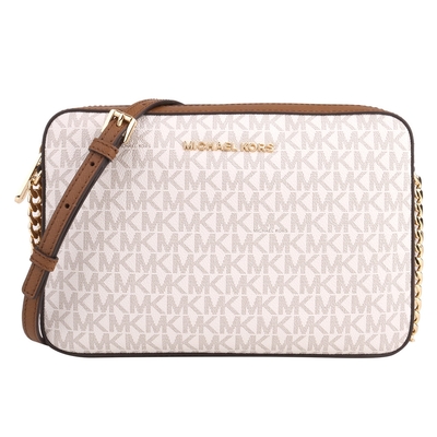 MICHAEL KORS 金字防刮LOGO皮革拉鍊斜背方包白/咖