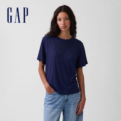 【GAP】亞麻混紡寬鬆T恤-軍藍色/大地棕(886584)